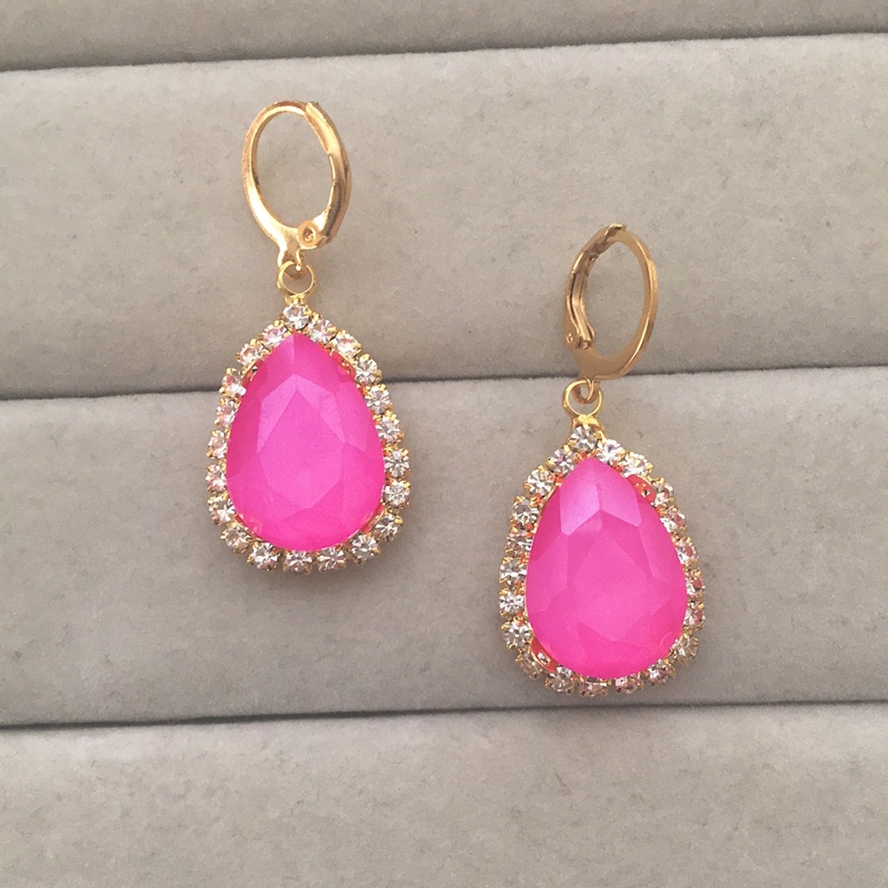 Hot Pink + Gold Crystal Halo Pear Drop Earrings - Picture 7 of 7